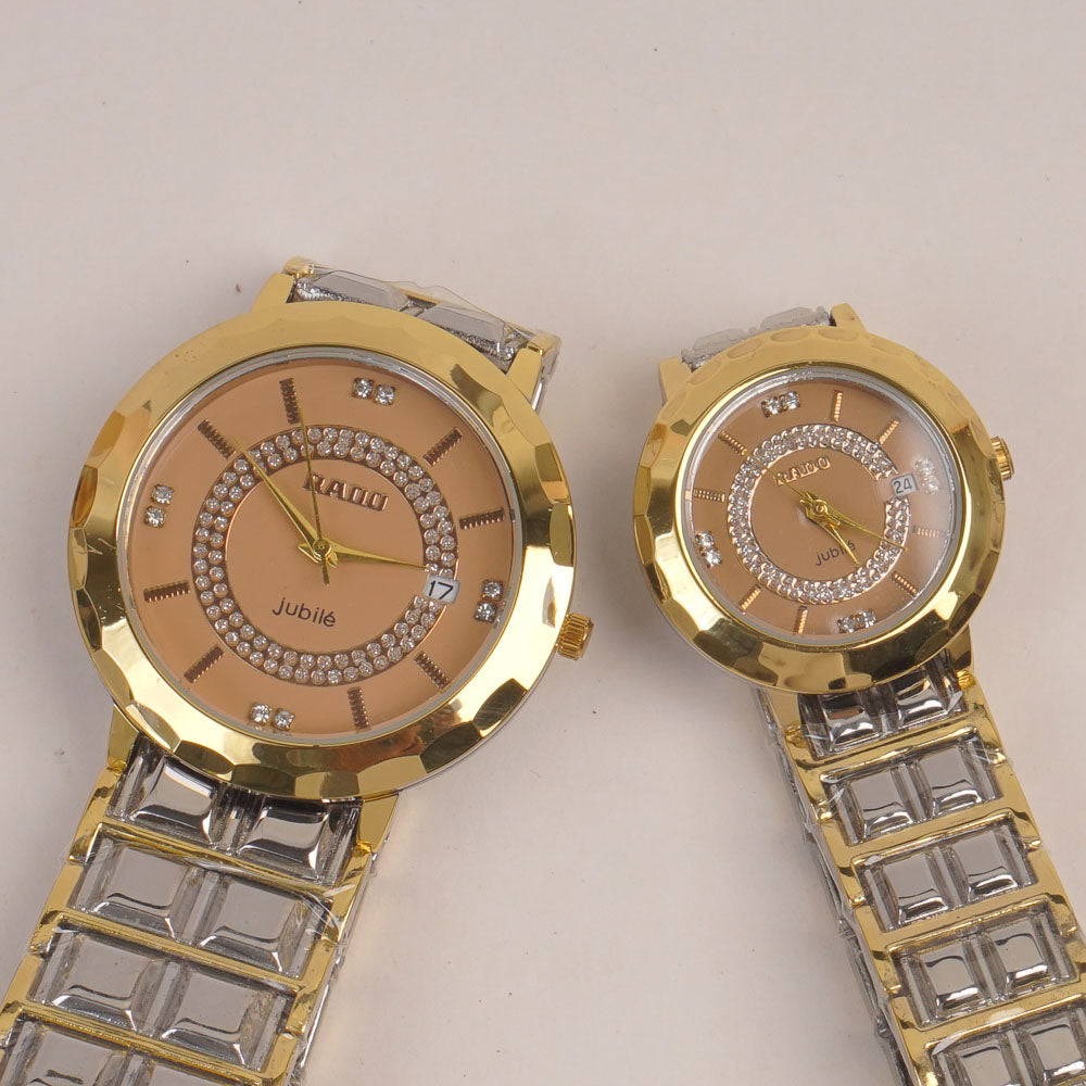 Two Tone Couple Watch Silver Golden Chain with Golden Dial