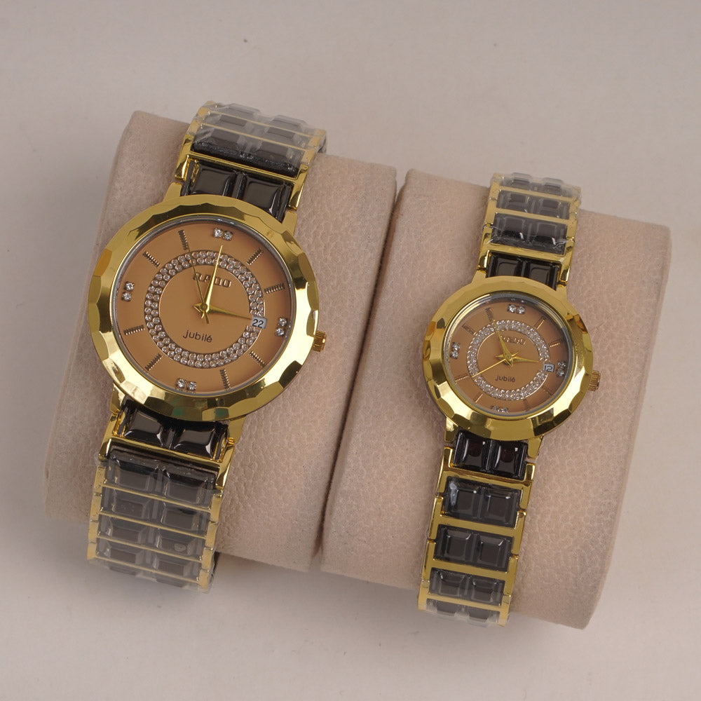 Two Tone Couple Watch Black Golden Chain with Golden Dial