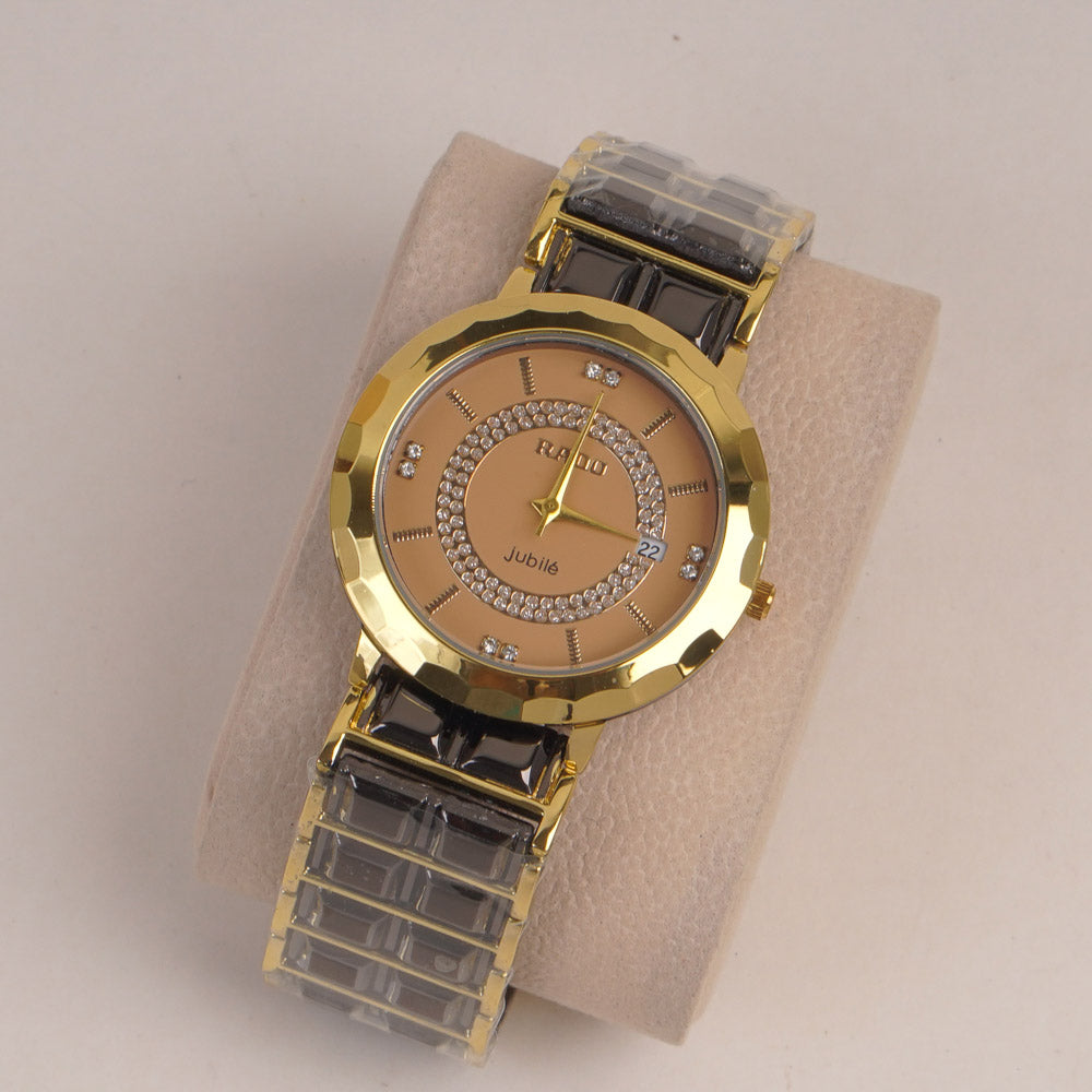 Two Tone Couple Watch Black Golden Chain with Golden Dial