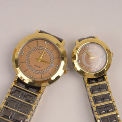 Two Tone Couple Watch Black Golden Chain with Golden Dial