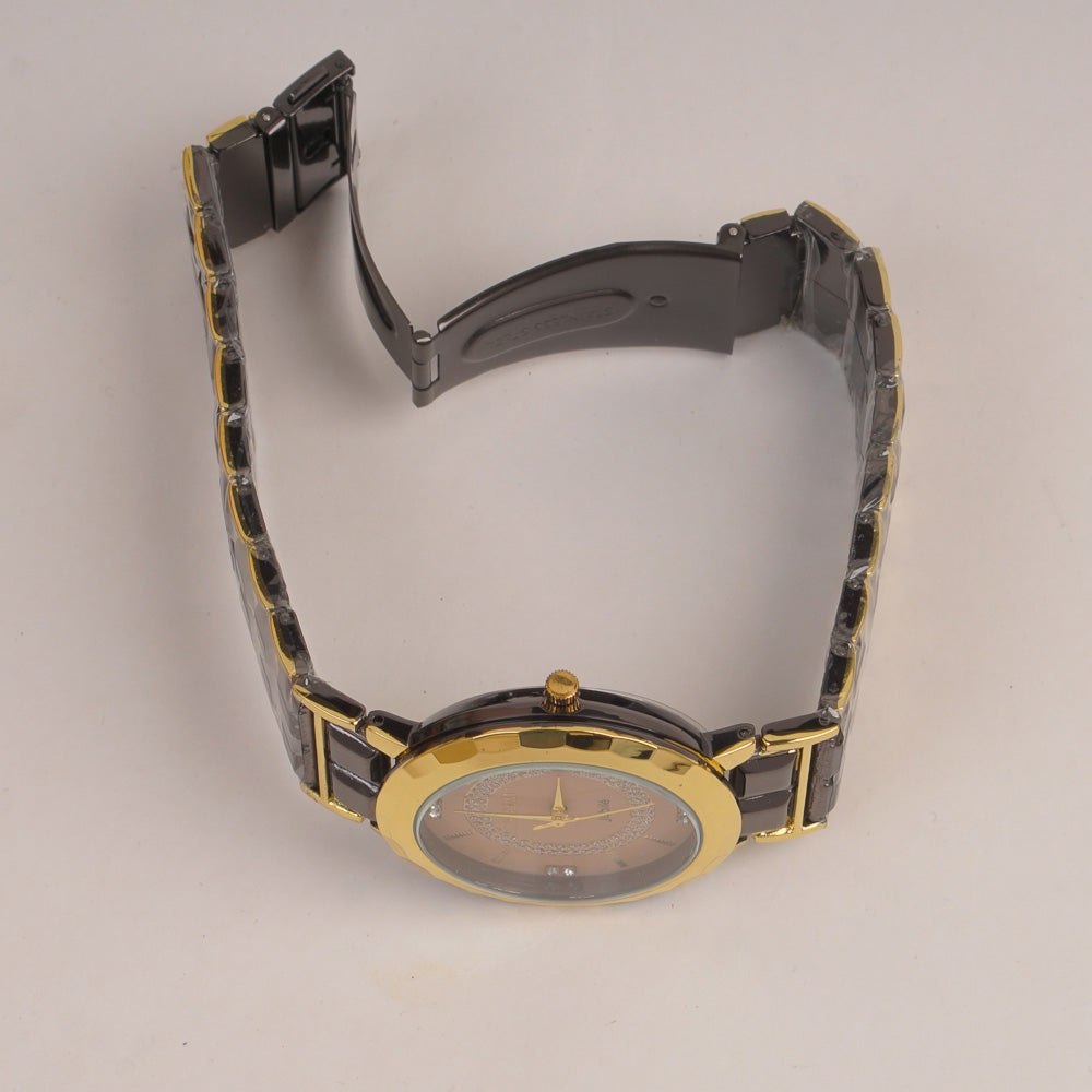 Two Tone Couple Watch Black Golden Chain with Golden Dial