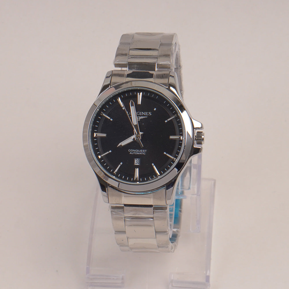 Man Silver Chain Watch With Black Dial