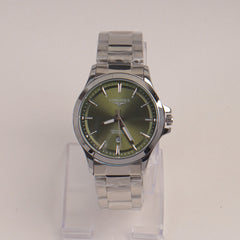 Man Silver Chain Watch With Green Dial