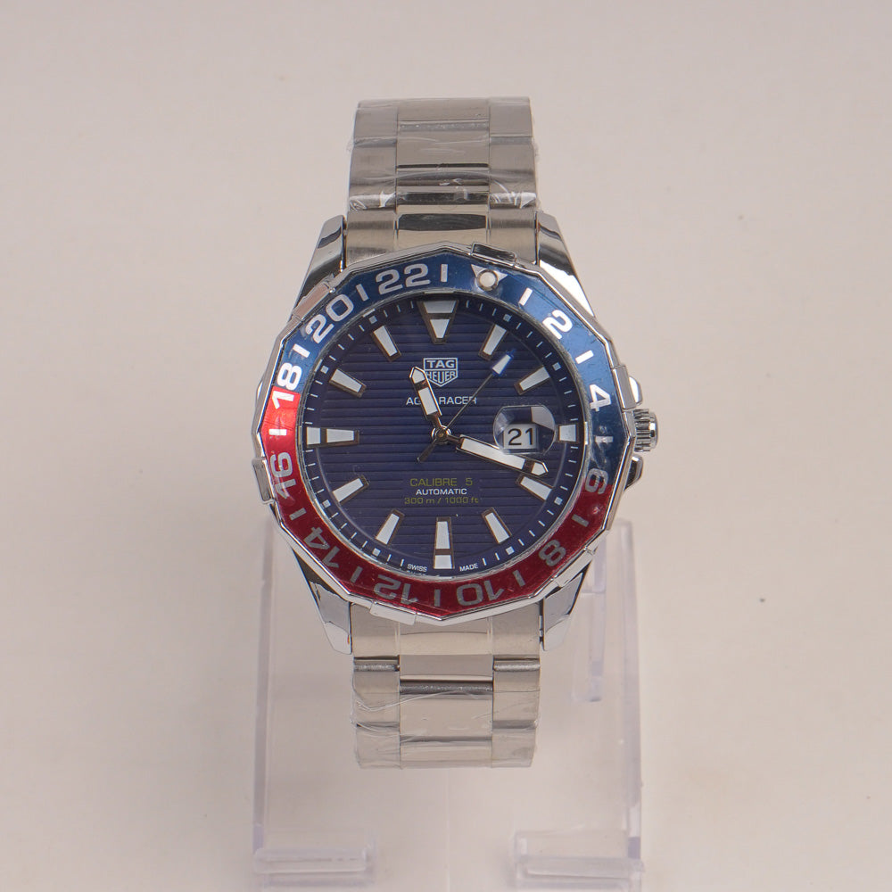 Mans Silver Chain Watch With Blue Red Dial