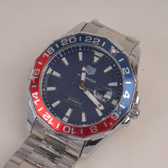 Mans Silver Chain Watch With Blue Red Dial