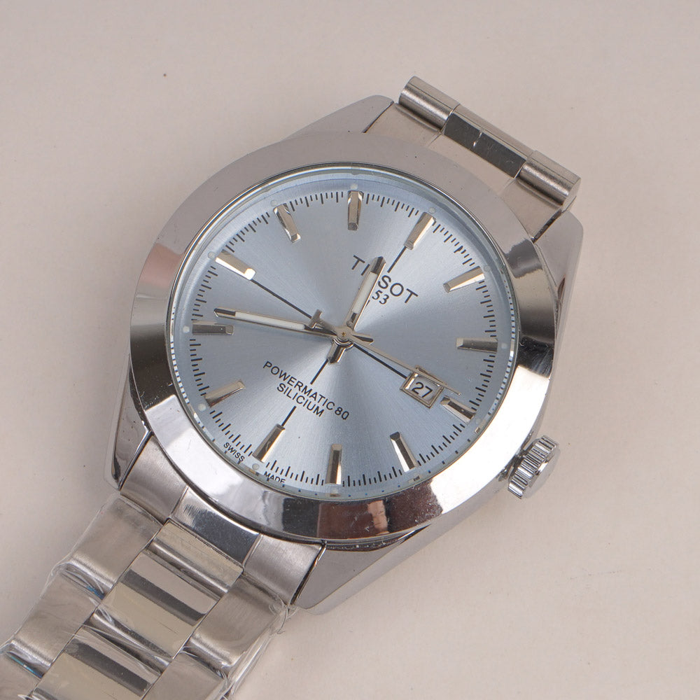 Mans Silver Chain Watch With Cyan Dial