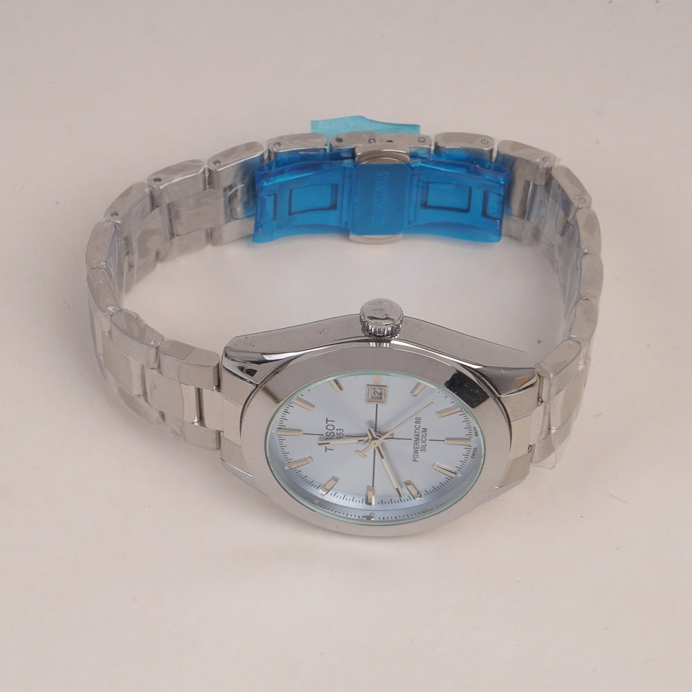 Mans Silver Chain Watch With Cyan Dial