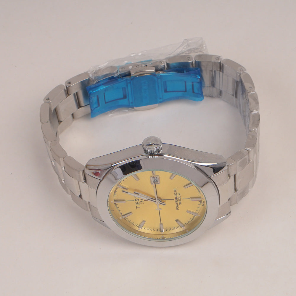 Mans Silver Chain Watch With Yellow Dial