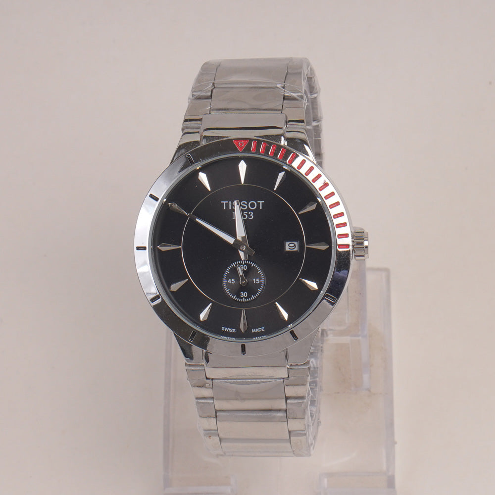 Mans Silver Chain Watch With Black Dial