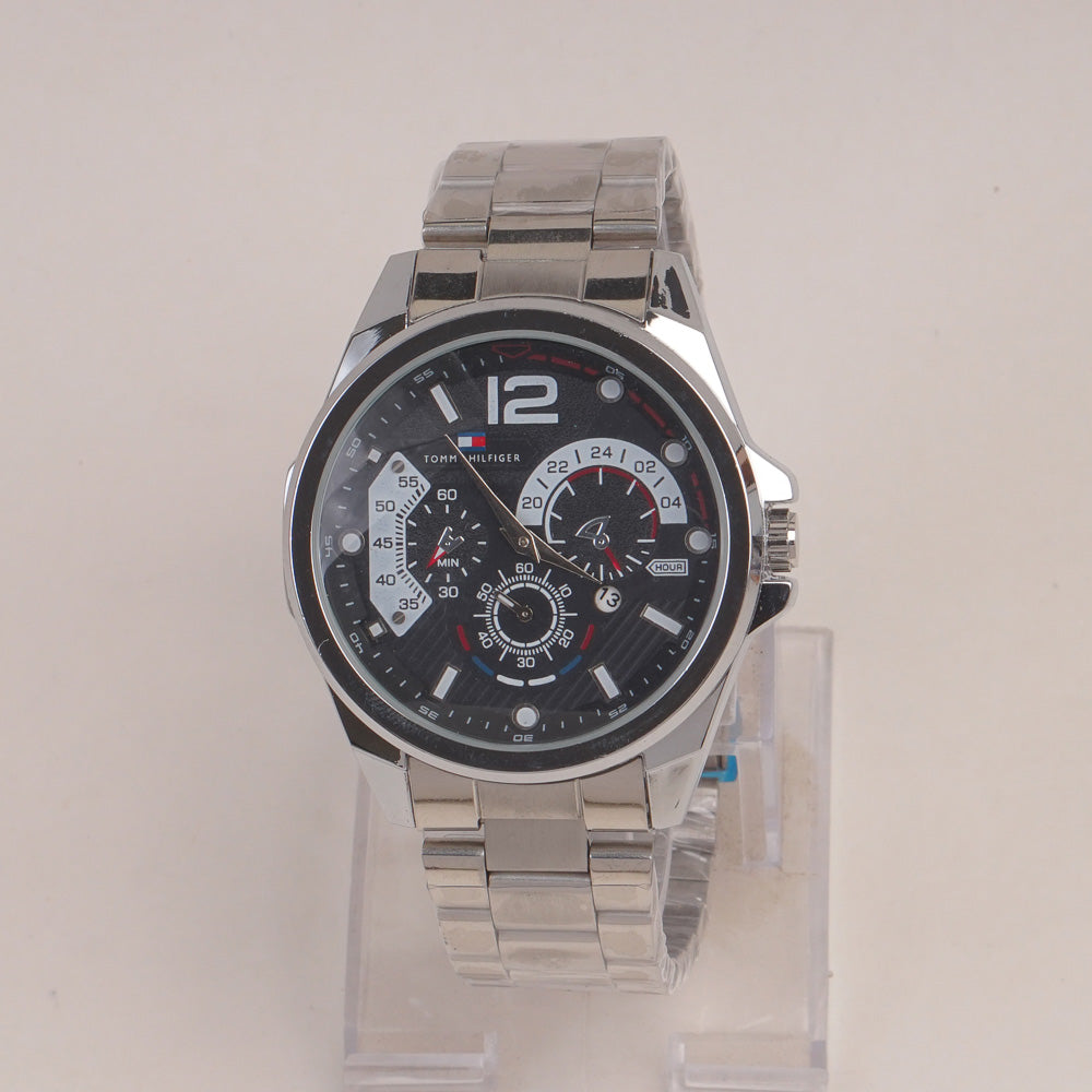 Mans Silver Chain Watch With Black Dial