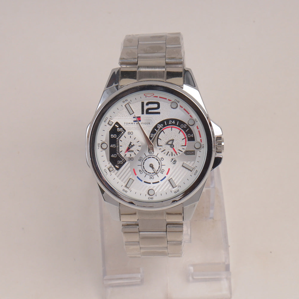 Mans Silver Chain Watch With White Dial
