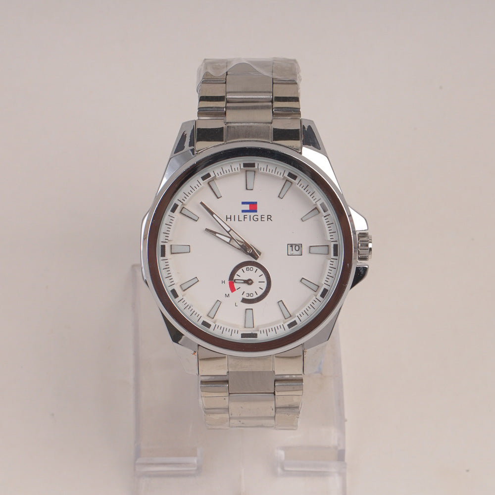 Mans Silver Chain Watch With White Dial