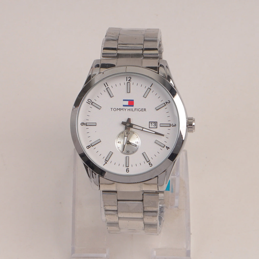 Mans Silver Chain Watch With White Dial