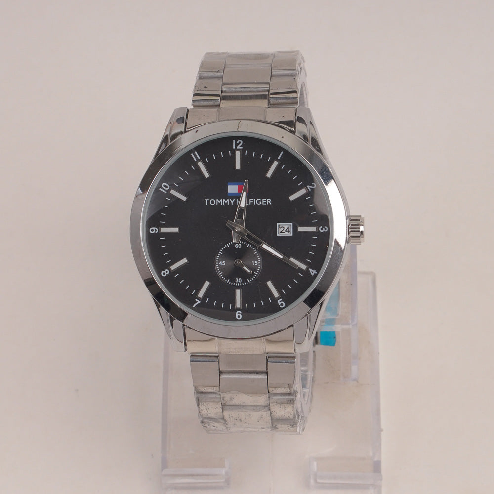 Mans Silver Chain Watch With Black Dial