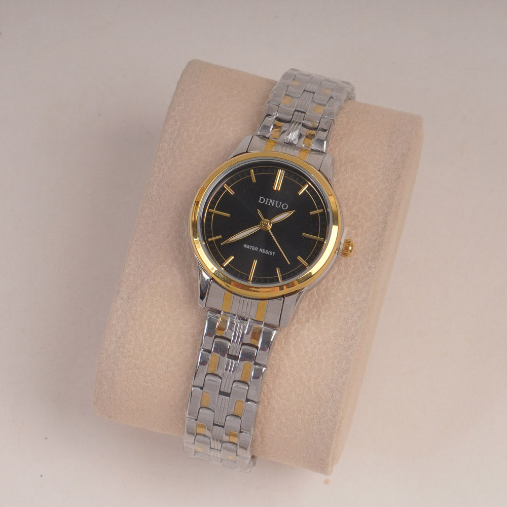 Two Tone Silver Gld Chain Womans Watch Black Dial