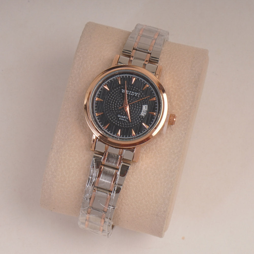 Two Tone Silver Rsgld Chain Womans Watch Black Dial