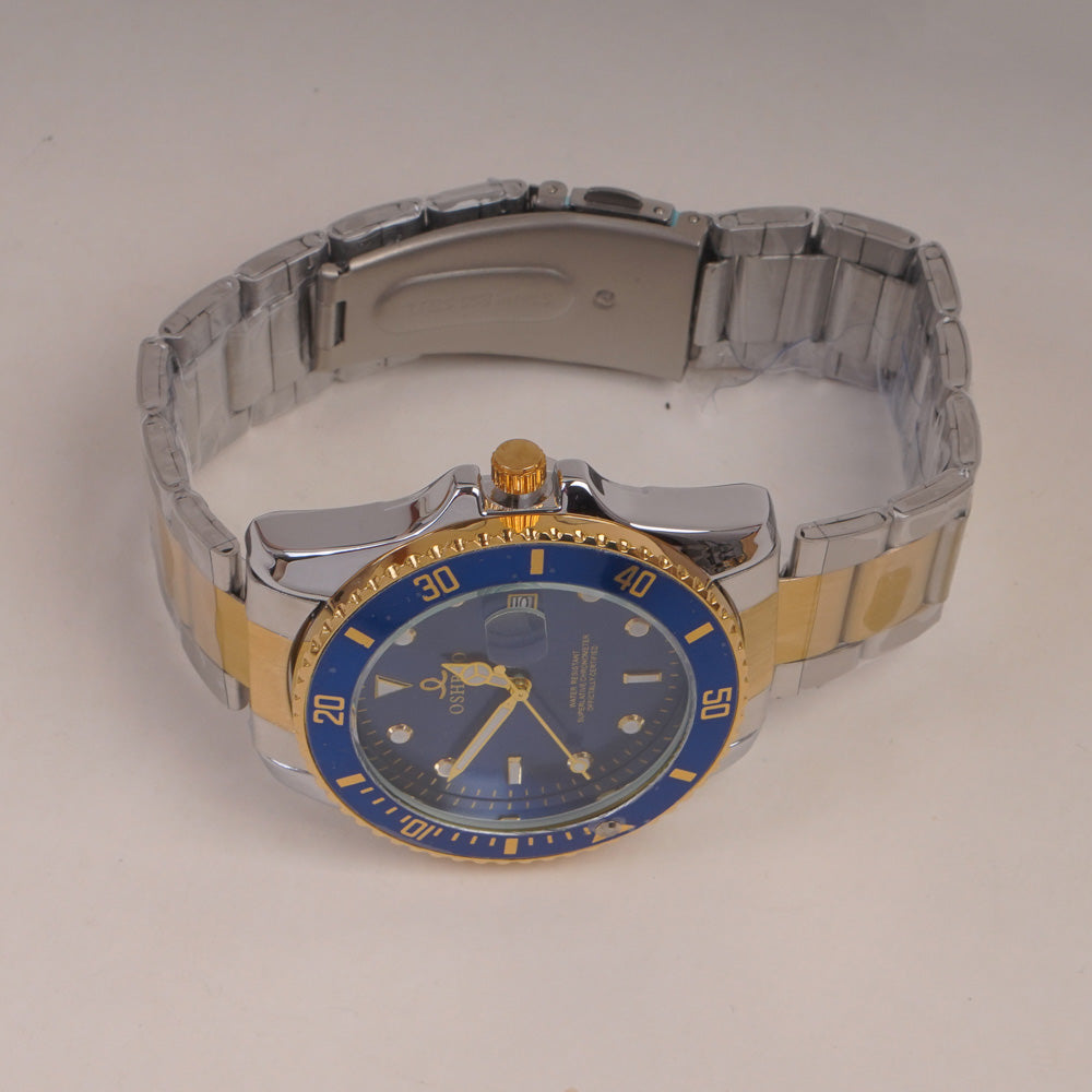 Two Tone Men's Chain Wrist Watch with Blue Dial