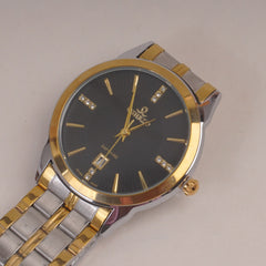 Two Tone Men's Chain Wrist Watch with Black Dial