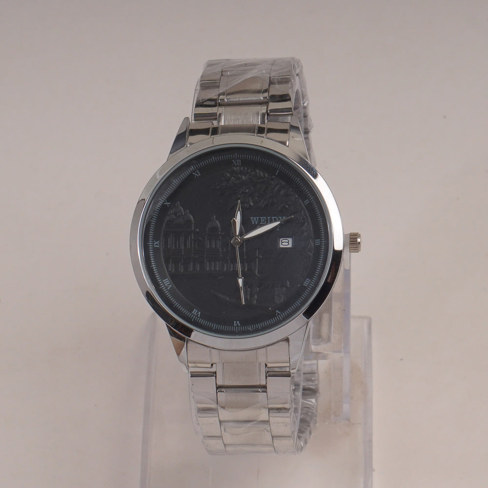 Mans Silver Chain Wrist Watch with Black Dial