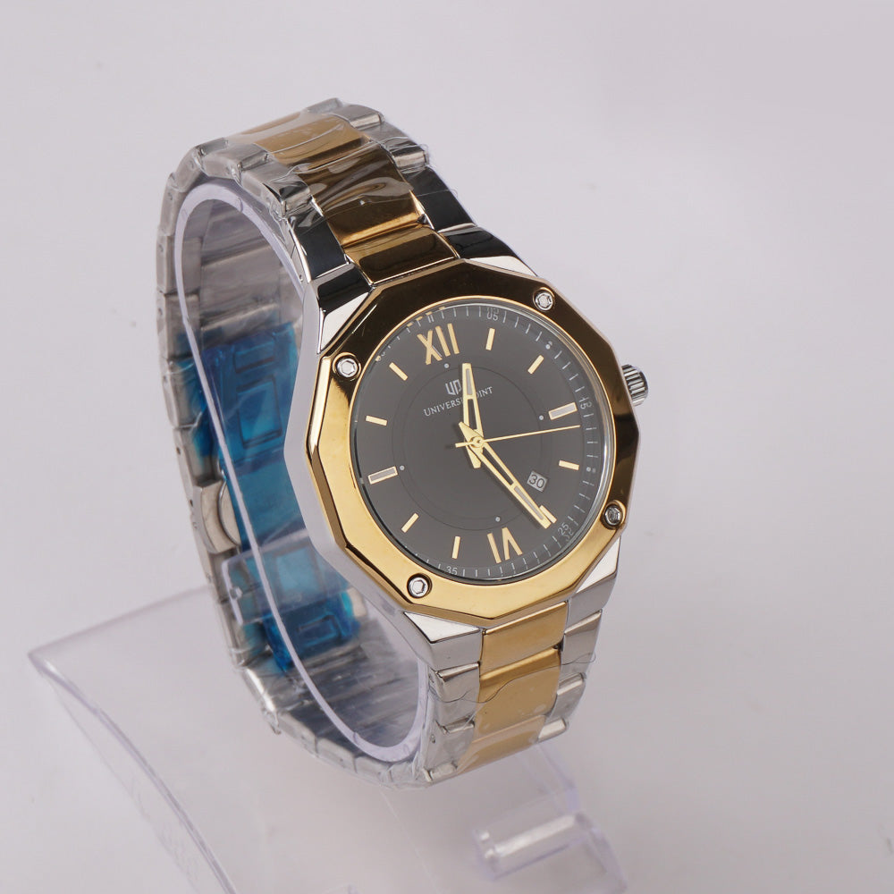 Two Tone Golden Silver Chain Mans Wrist Watch Blk Dial