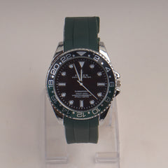 Green Straps Mans Watch With Silver Black Dial