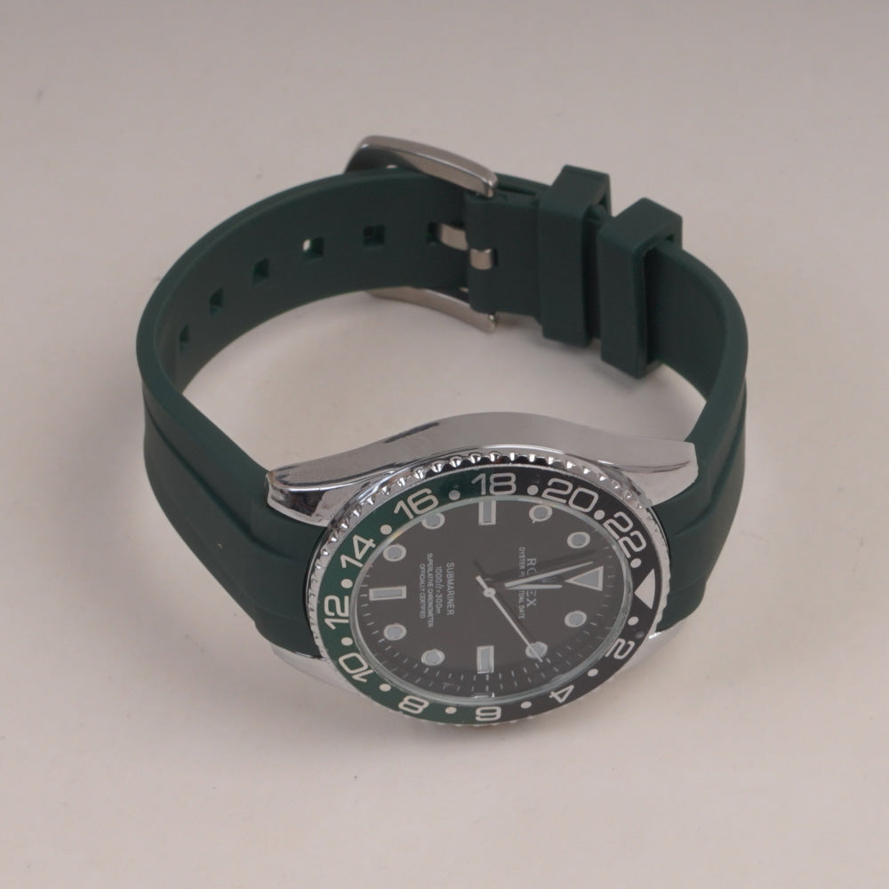 Green Straps Mans Watch With Silver Black Dial