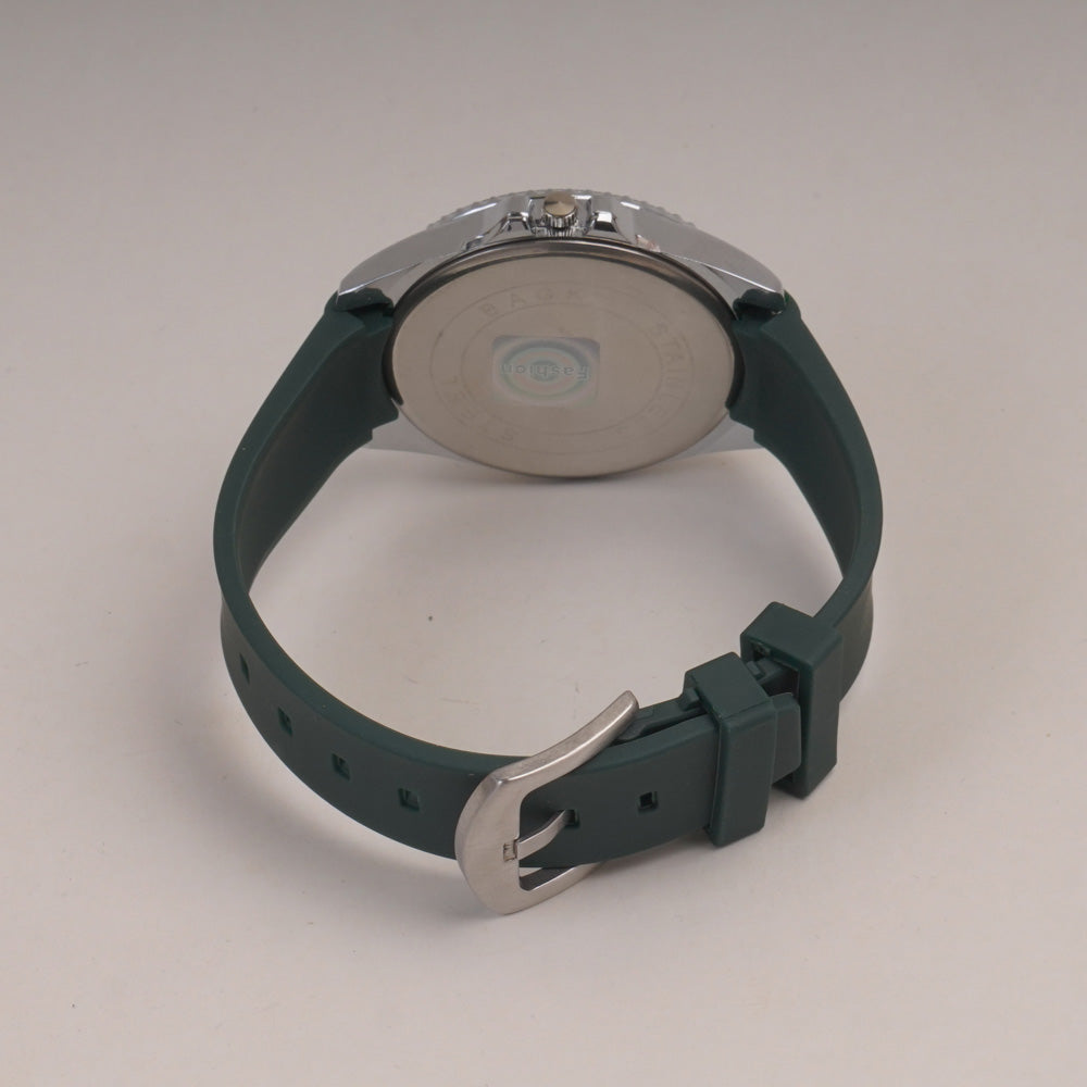 Green Straps Mans Watch With Silver Black Dial