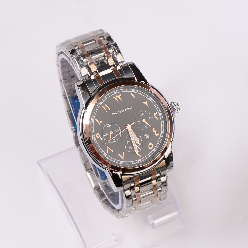 Two Tone Rosegold Silver Chain Mans Wrist Watch Black Dial