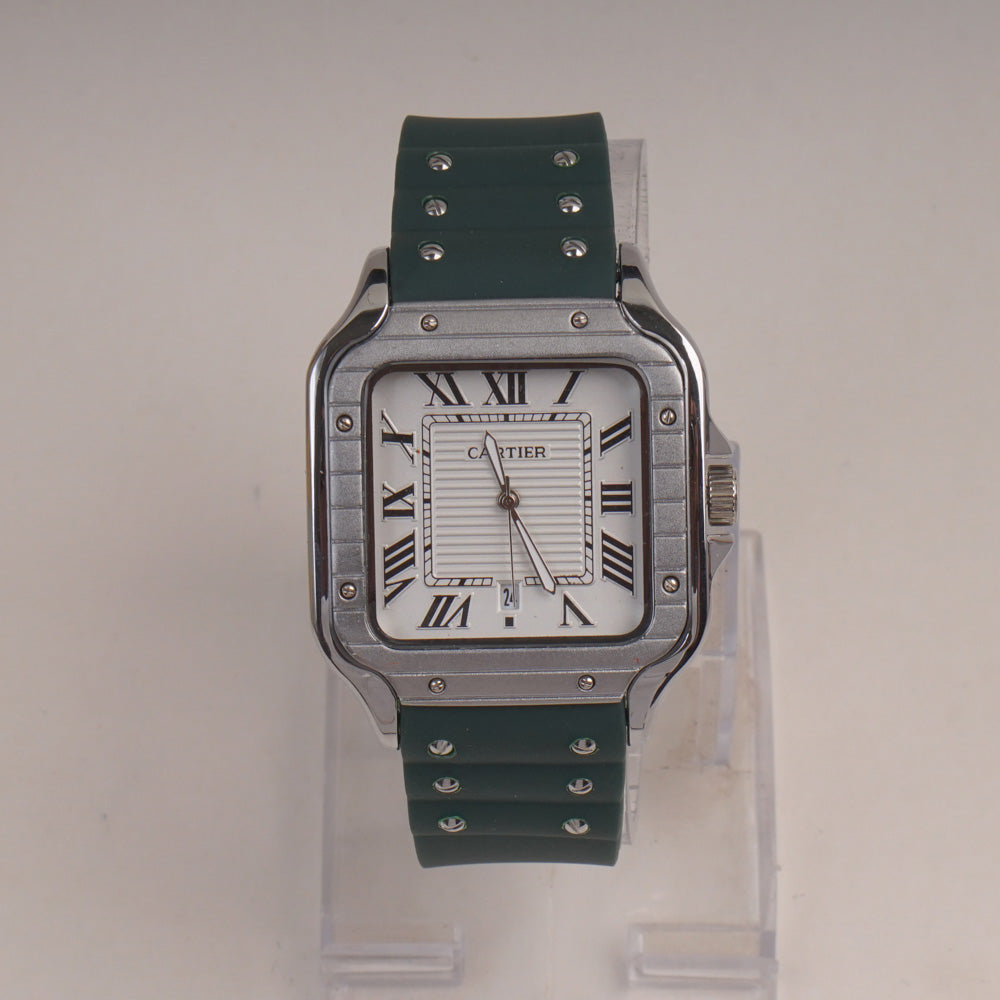 Green Straps Mans Square Shape Watch With Silver White Dial