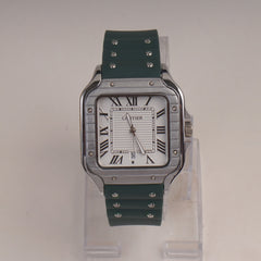 Green Straps Mans Square Shape Watch With Silver White Dial