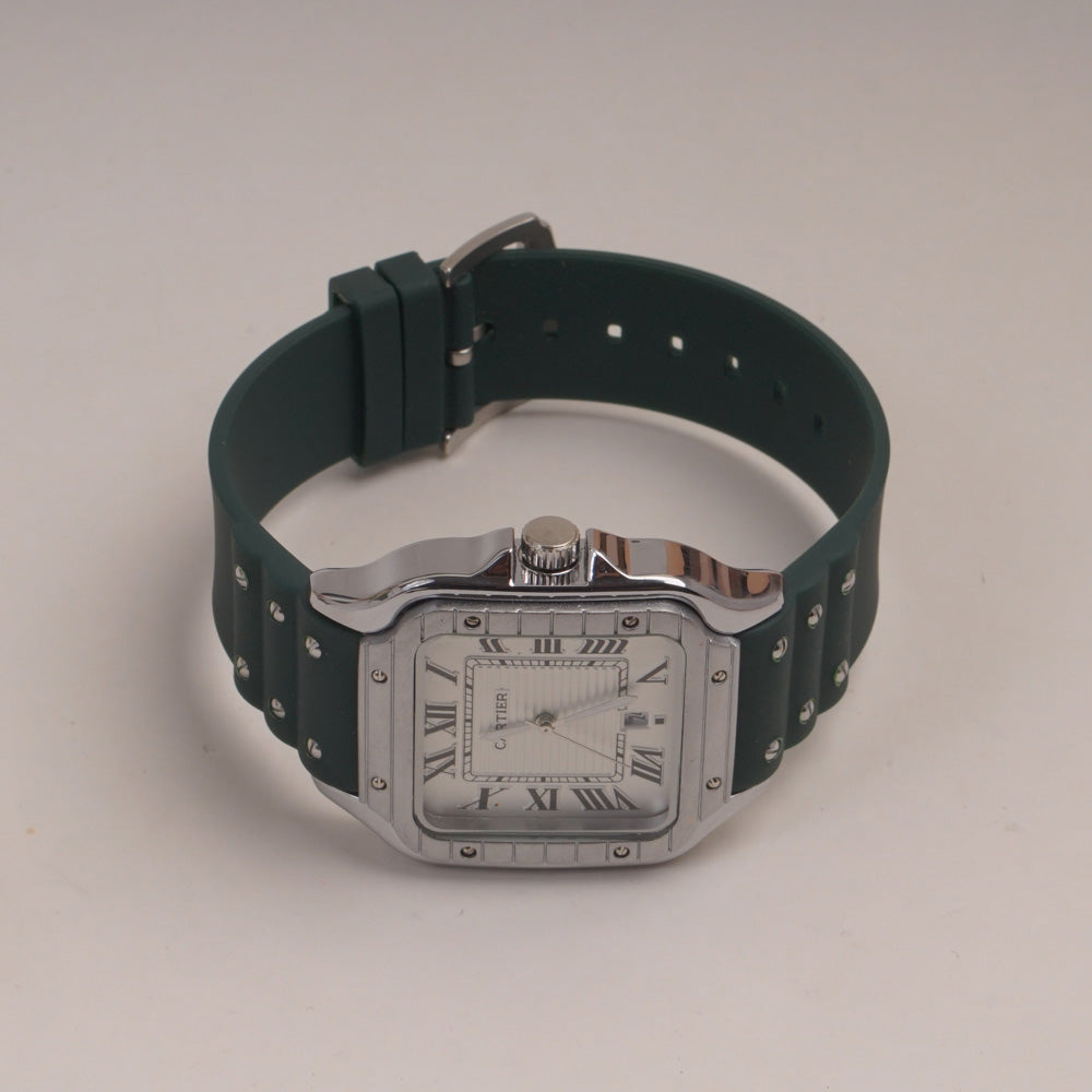 Green Straps Mans Square Shape Watch With Silver White Dial