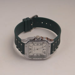 Green Straps Mans Square Shape Watch With Silver White Dial