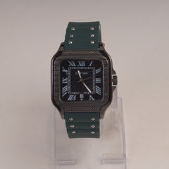 Green Straps Mans Square Shape Watch With Black Dial