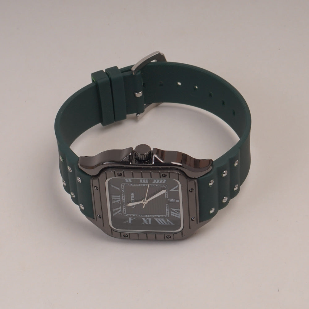 Green Straps Mans Square Shape Watch With Black Dial