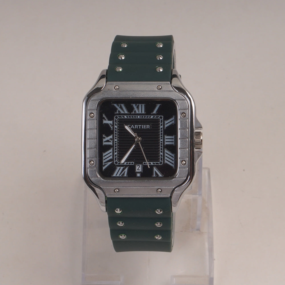 Green Straps Mans Square Shape Watch With Black Dial