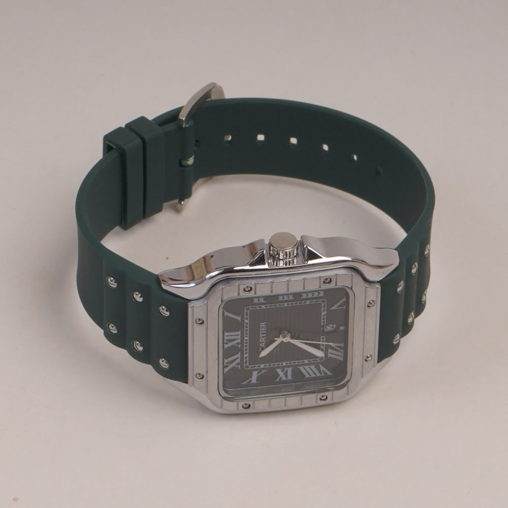 Green Straps Mans Square Shape Watch With Black Dial