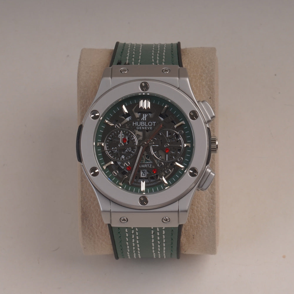 Green Straps Mans Watch With Silver Dial