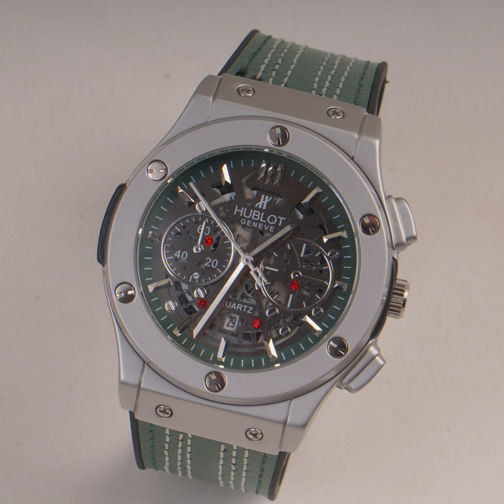 Green Straps Mans Watch With Silver Dial