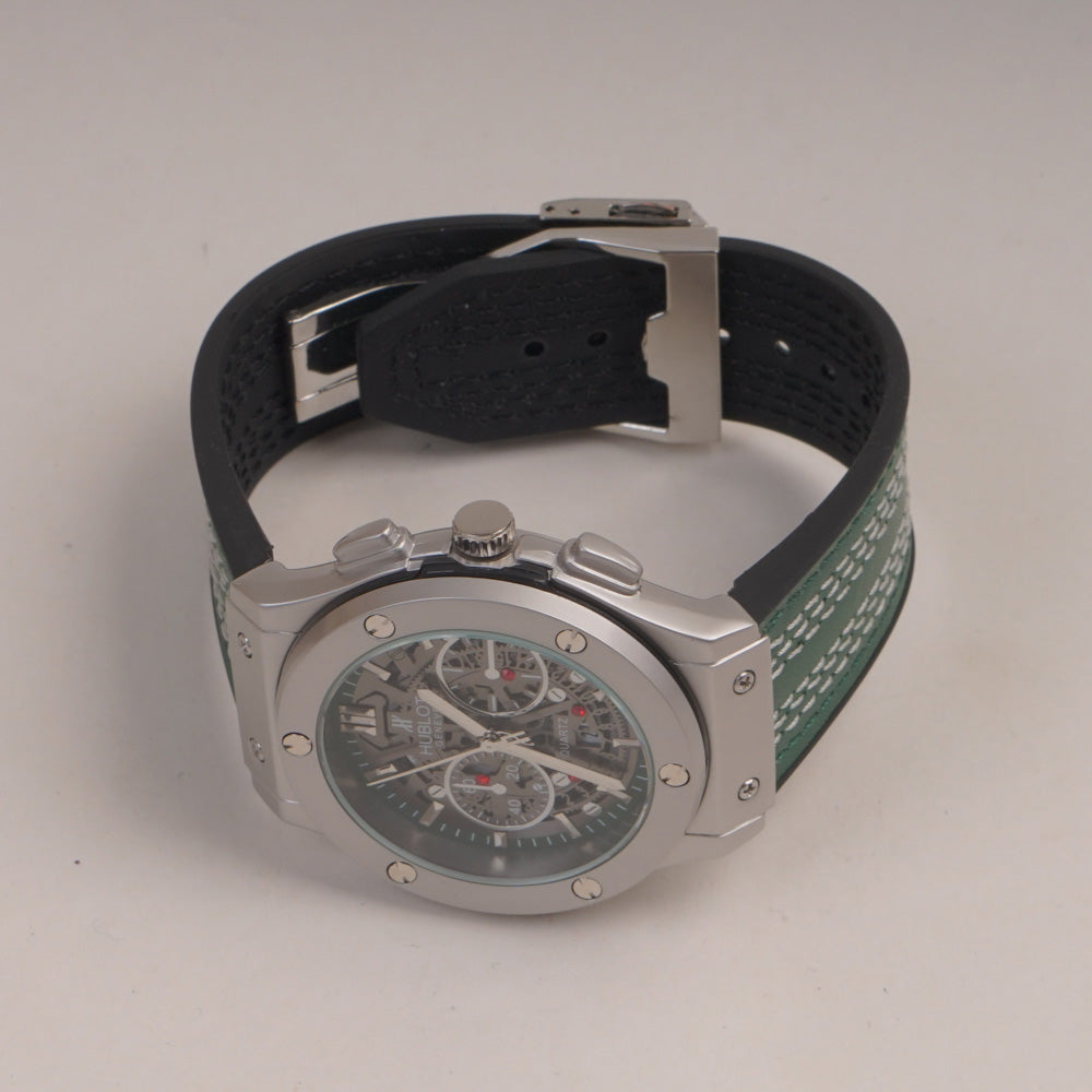 Green Straps Mans Watch With Silver Dial