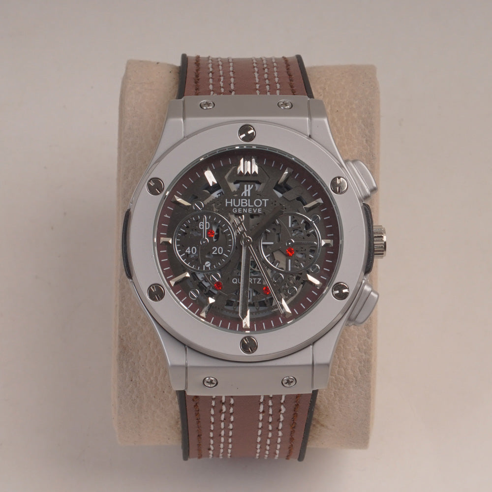 Brown Straps Mans Watch With Silver Dial