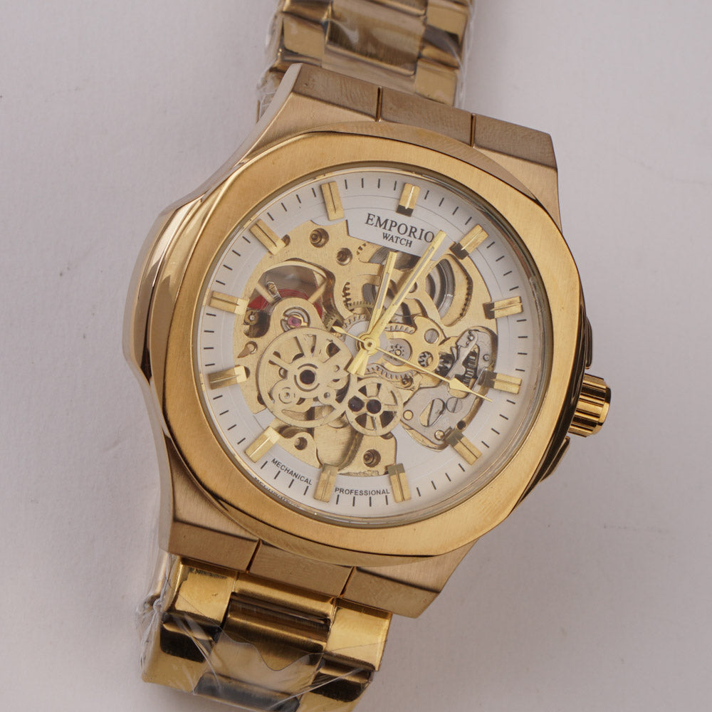 Mans Automatic Chain Wrist Watch Golden Wht