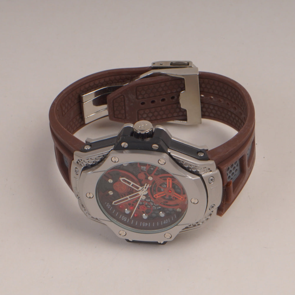 Brown Straps Mans Watch With Silver Dial