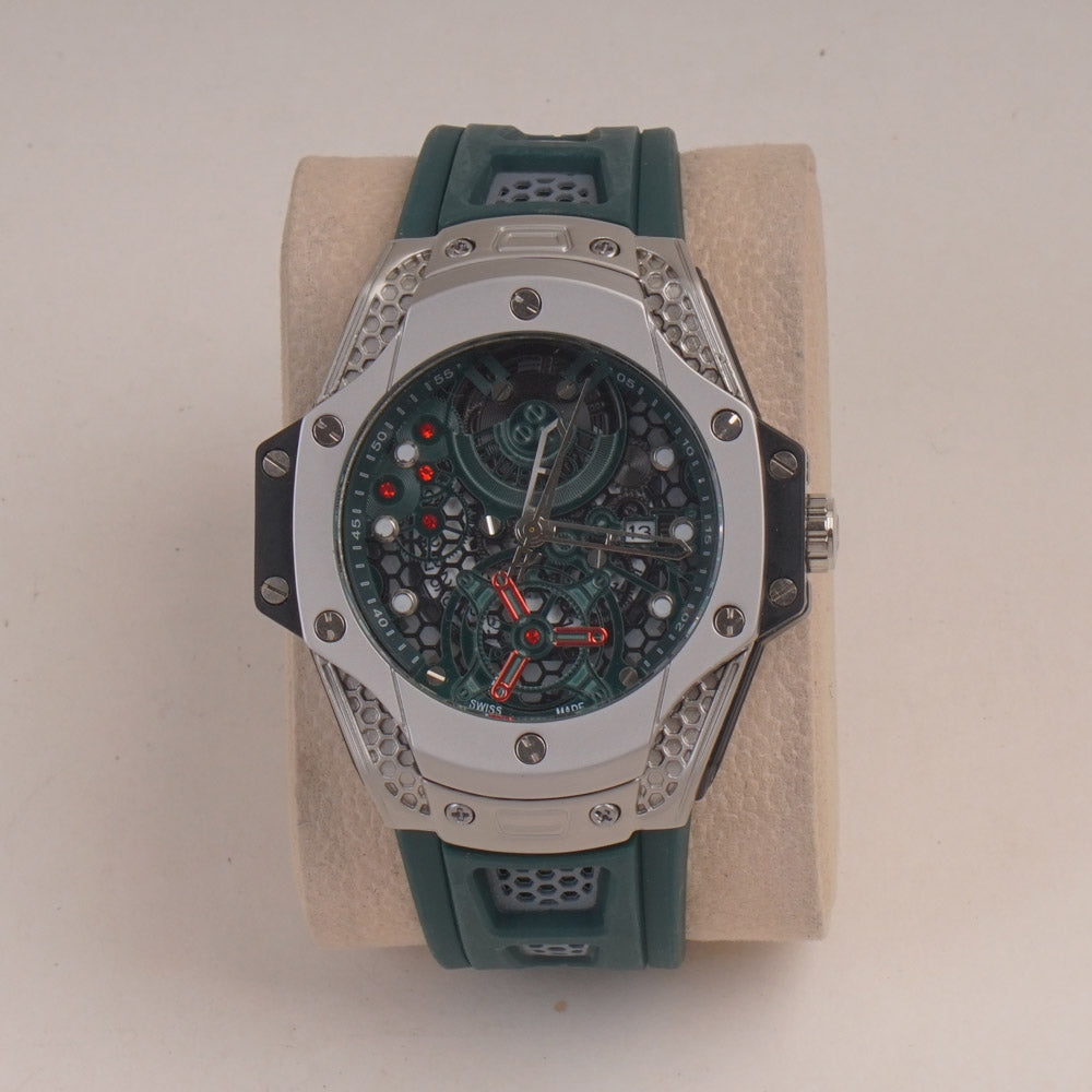 Green Straps Mans Watch With Silver Dial