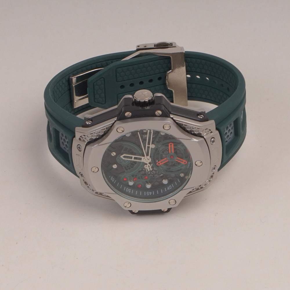 Green Straps Mans Watch With Silver Dial