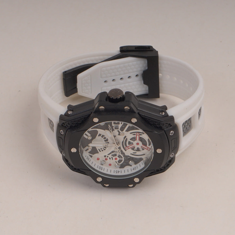 White Straps Mans Watch With Black Dial