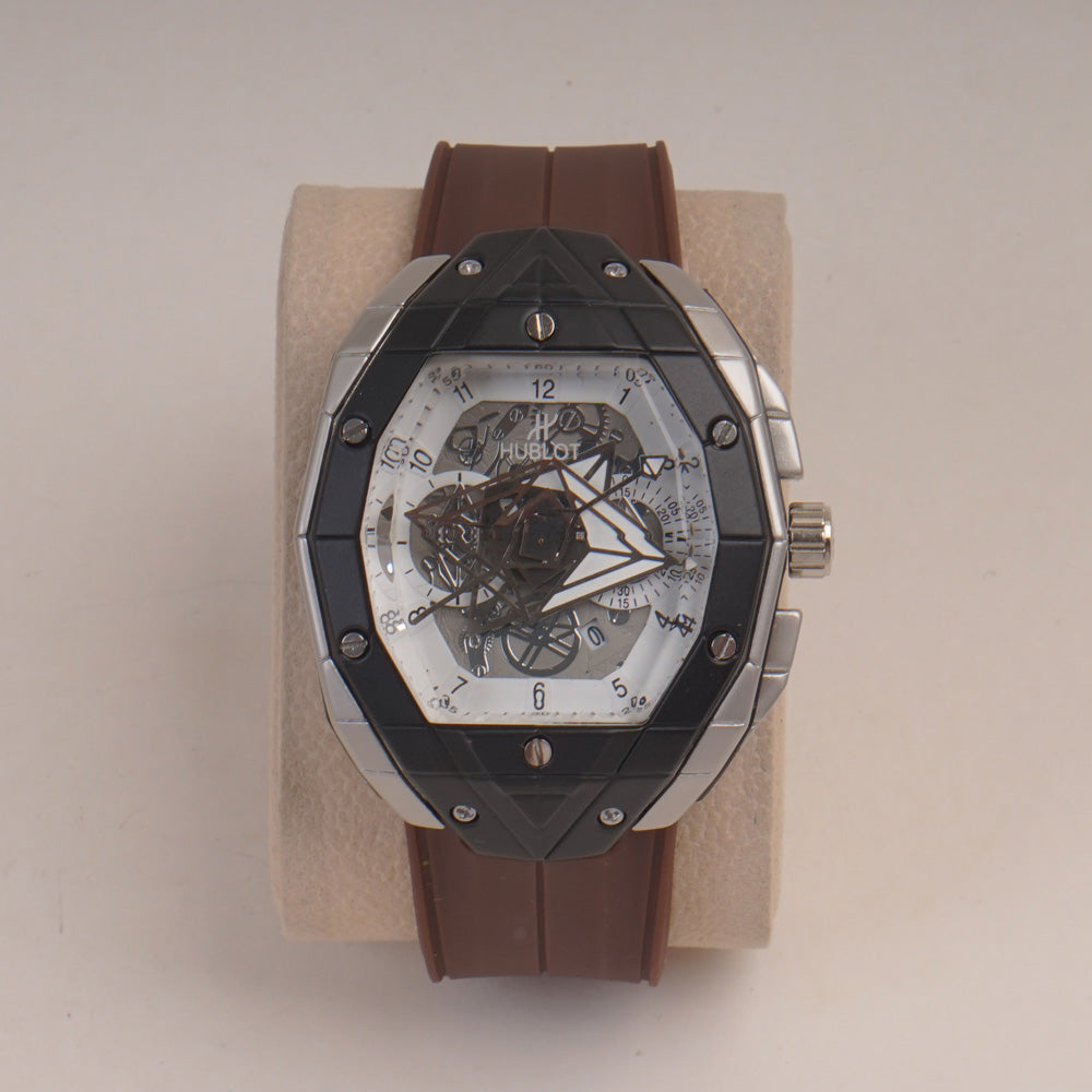 Brown Straps Mans Watch With Black Slvr Dial