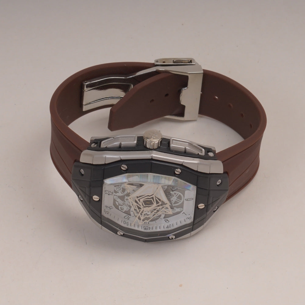 Brown Straps Mans Watch With Black Slvr Dial