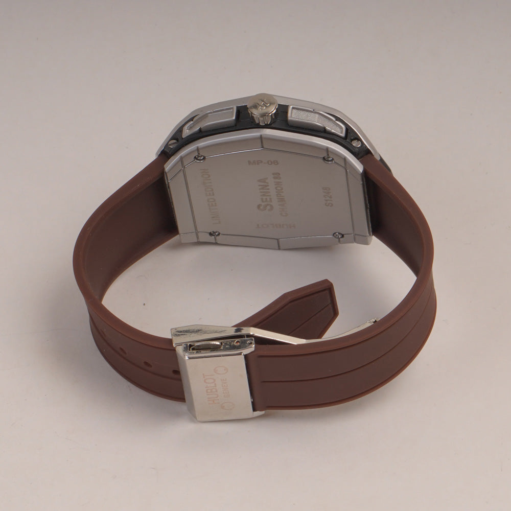 Brown Straps Mans Watch With Black Slvr Dial