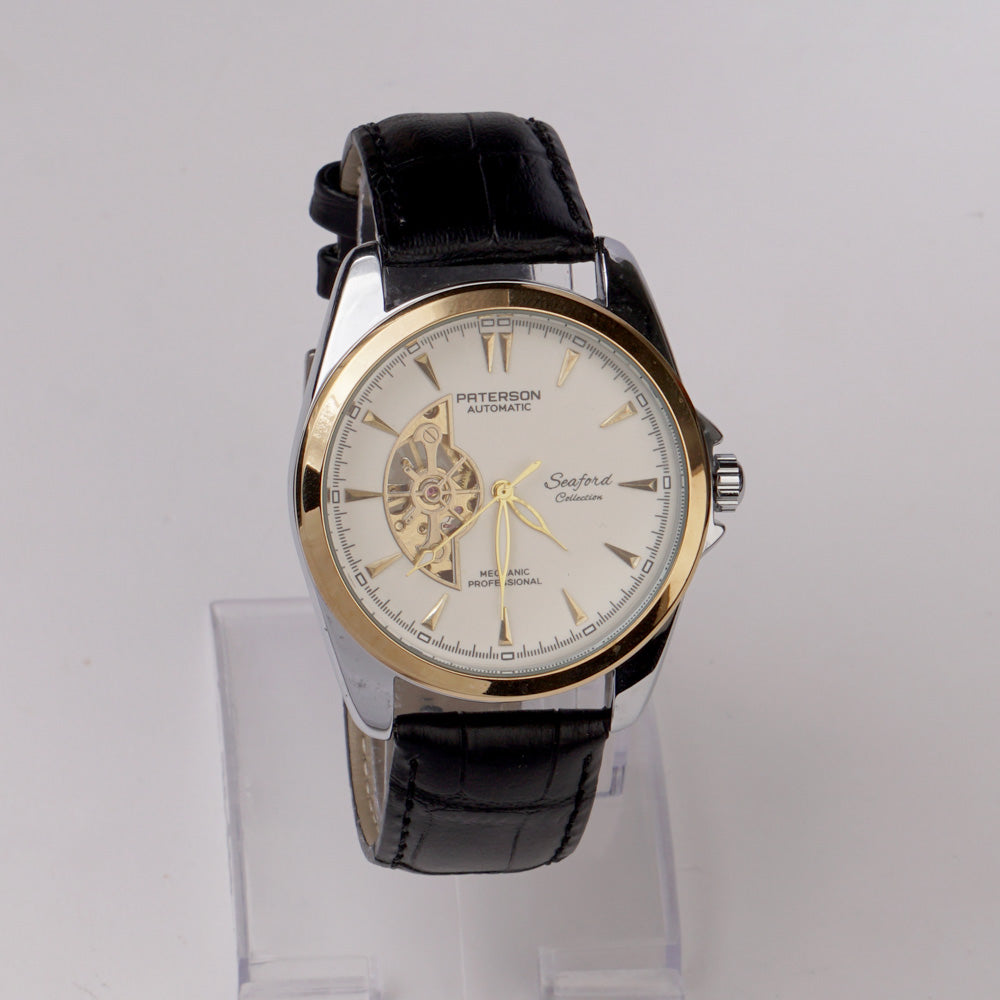 Mans Automatic Watch With Leather Straps Silver Gld