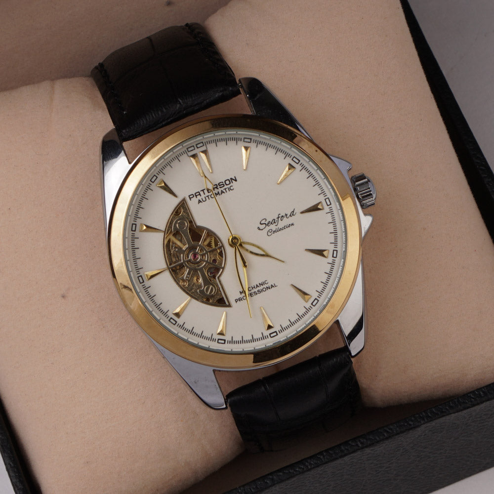 Mans Automatic Watch With Leather Straps Silver Gld